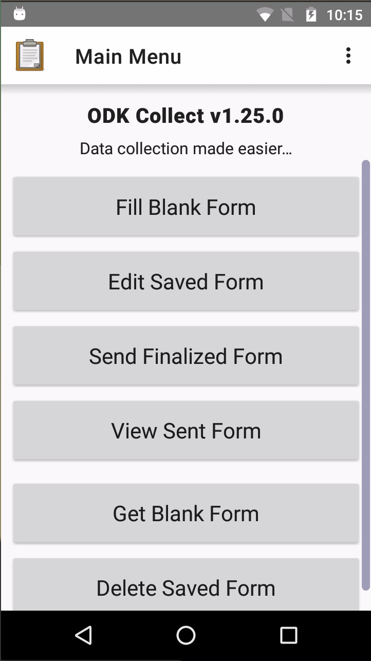 The ODK Collect app menu
