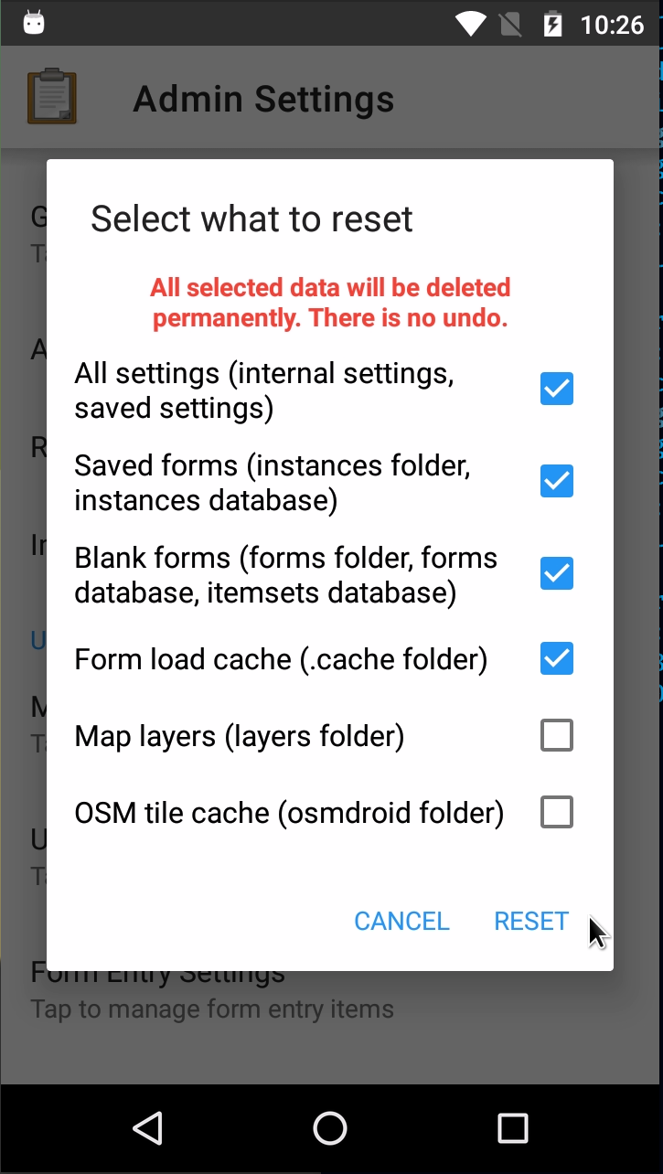 The ODK Collect reset options