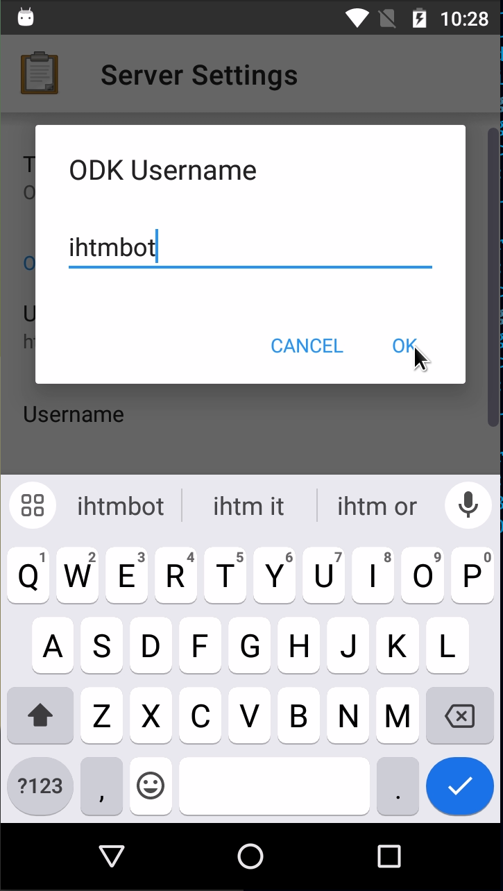 The ODK Collect server username