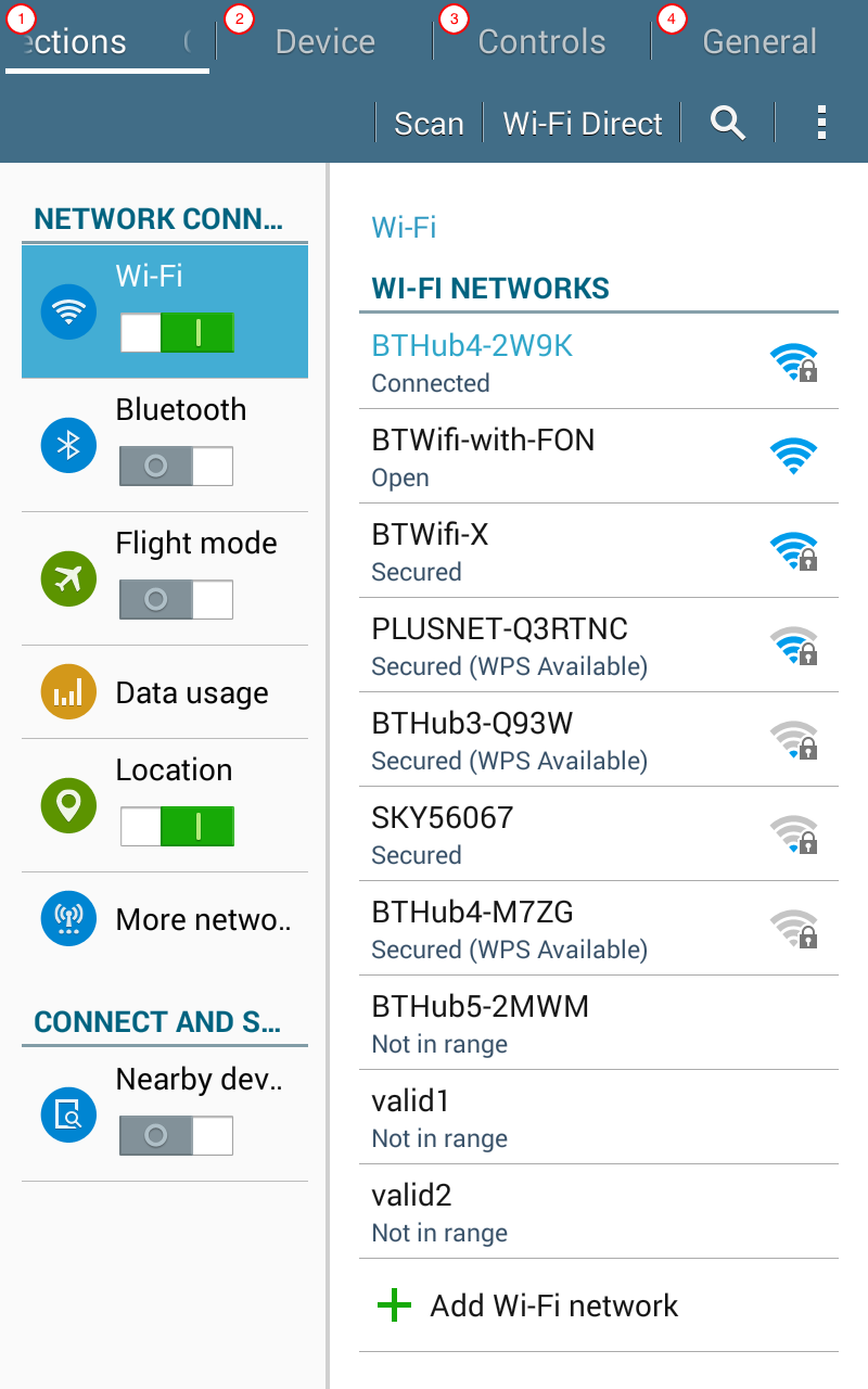 The device settings menu