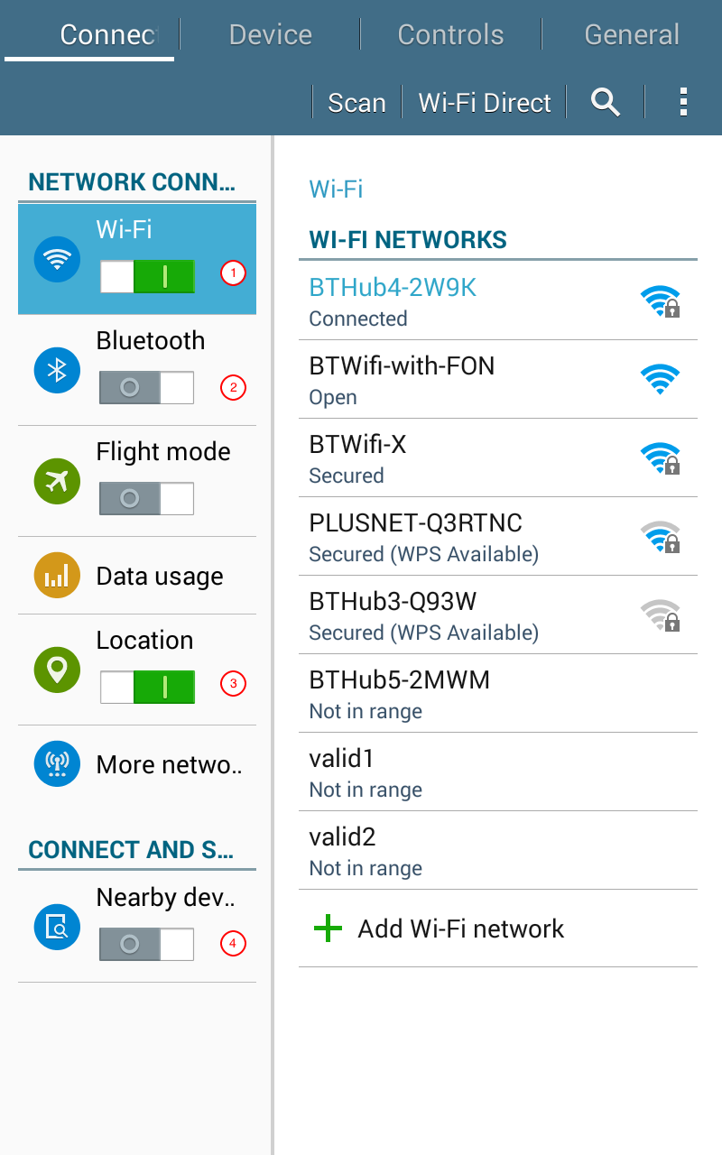 The connections settings menu