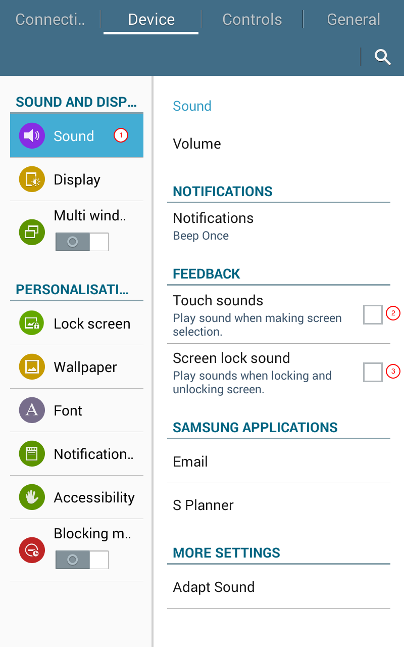 The sound settings menu