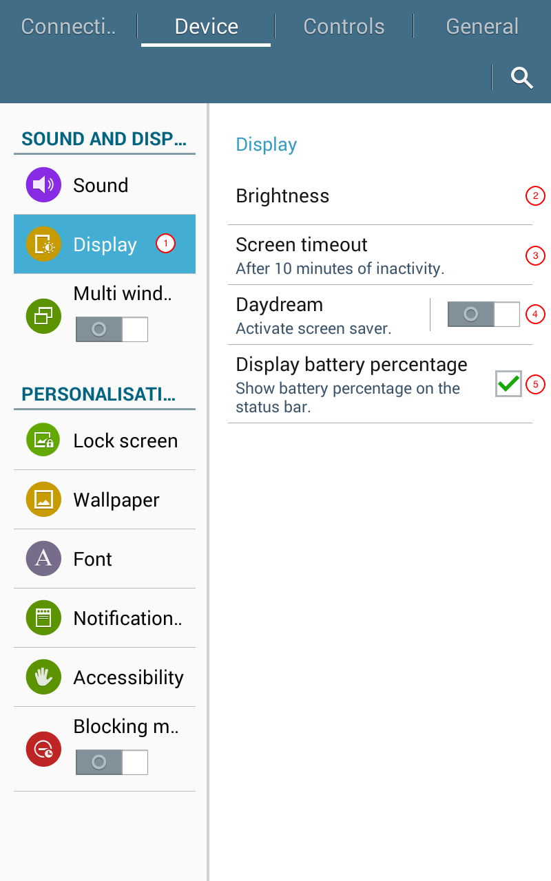 The display settings menu