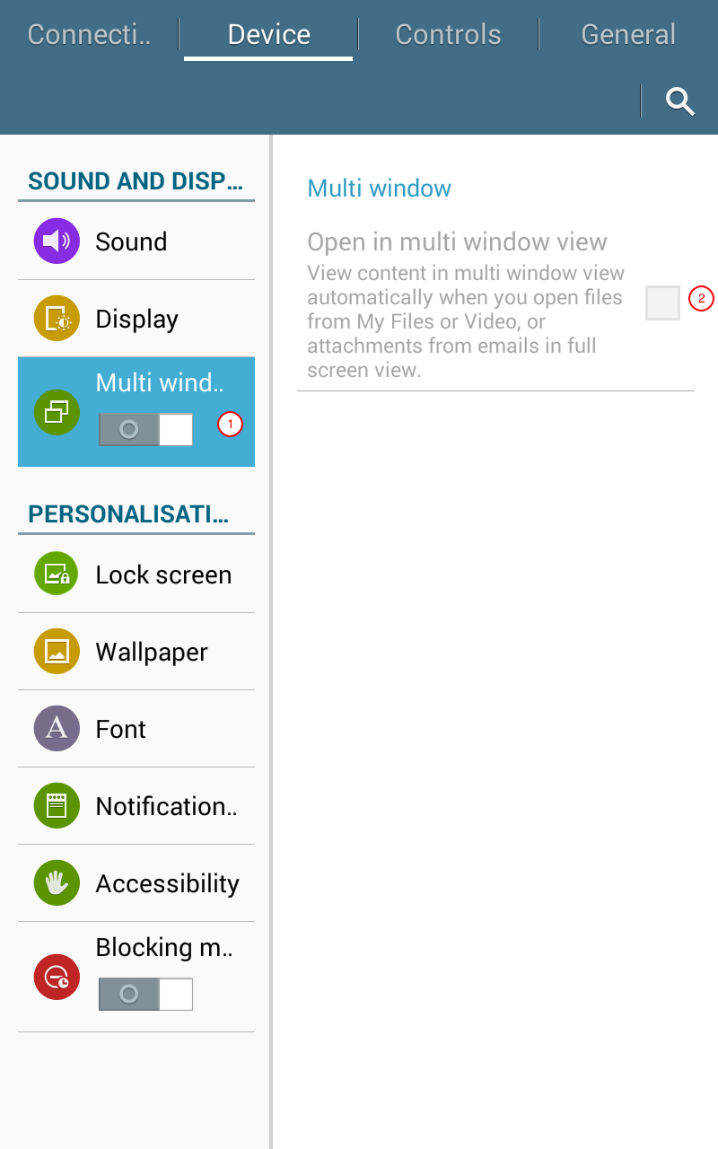 The multi window settings menu
