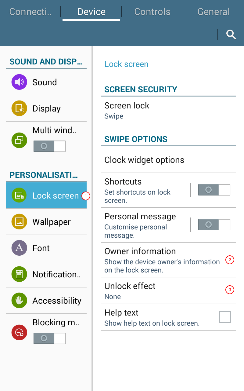 The lock screen settings menu