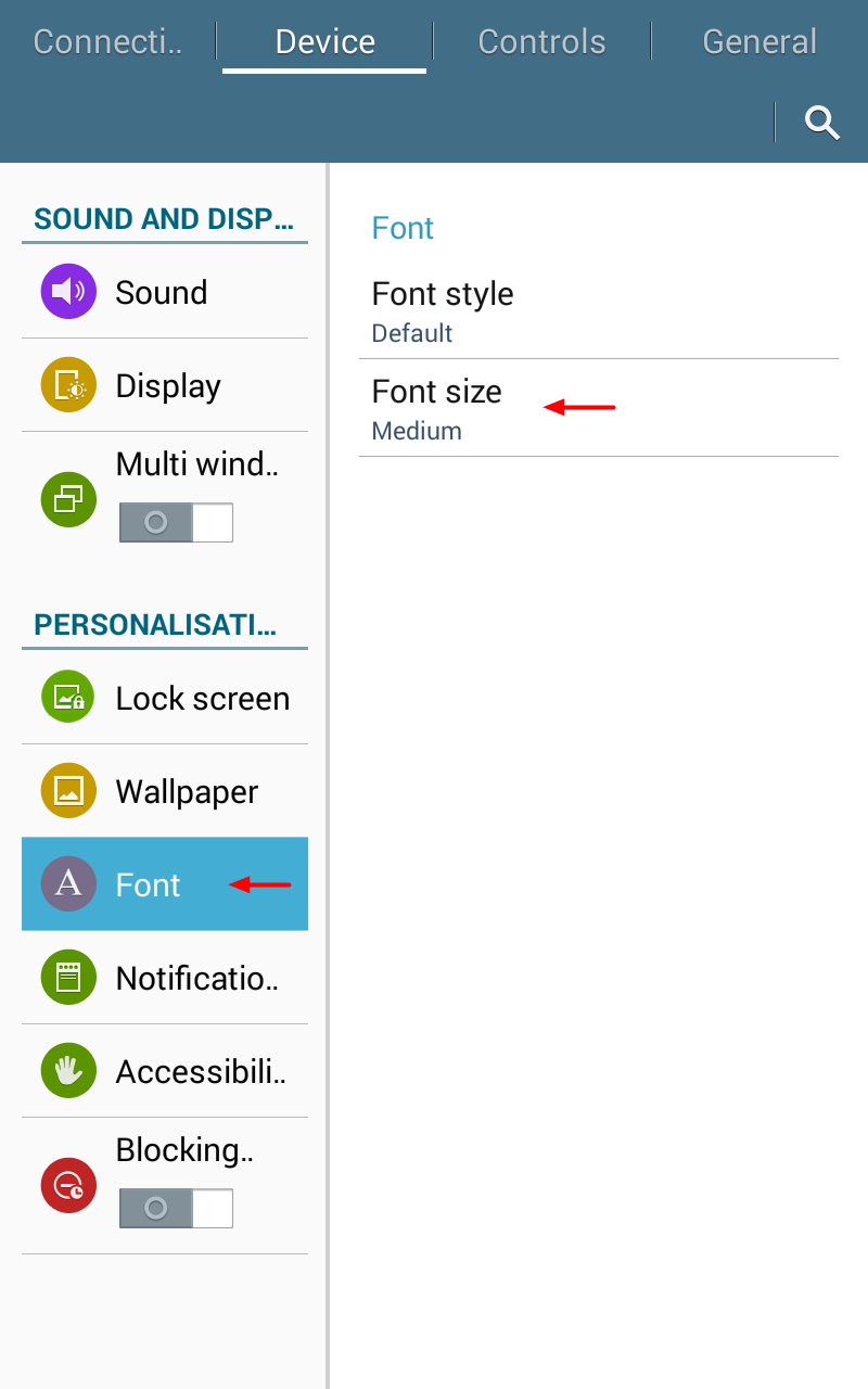 The font settings menu