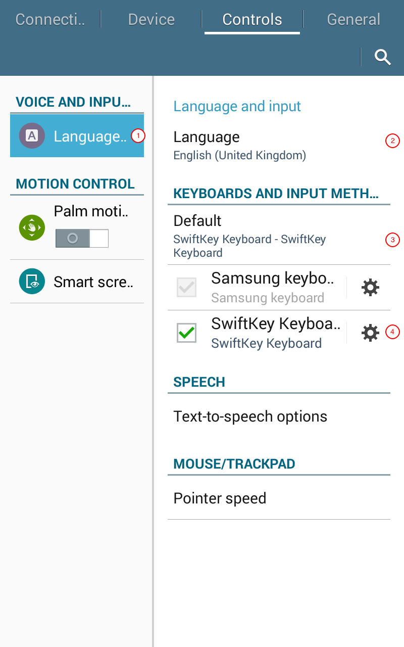 The language and input settings menu