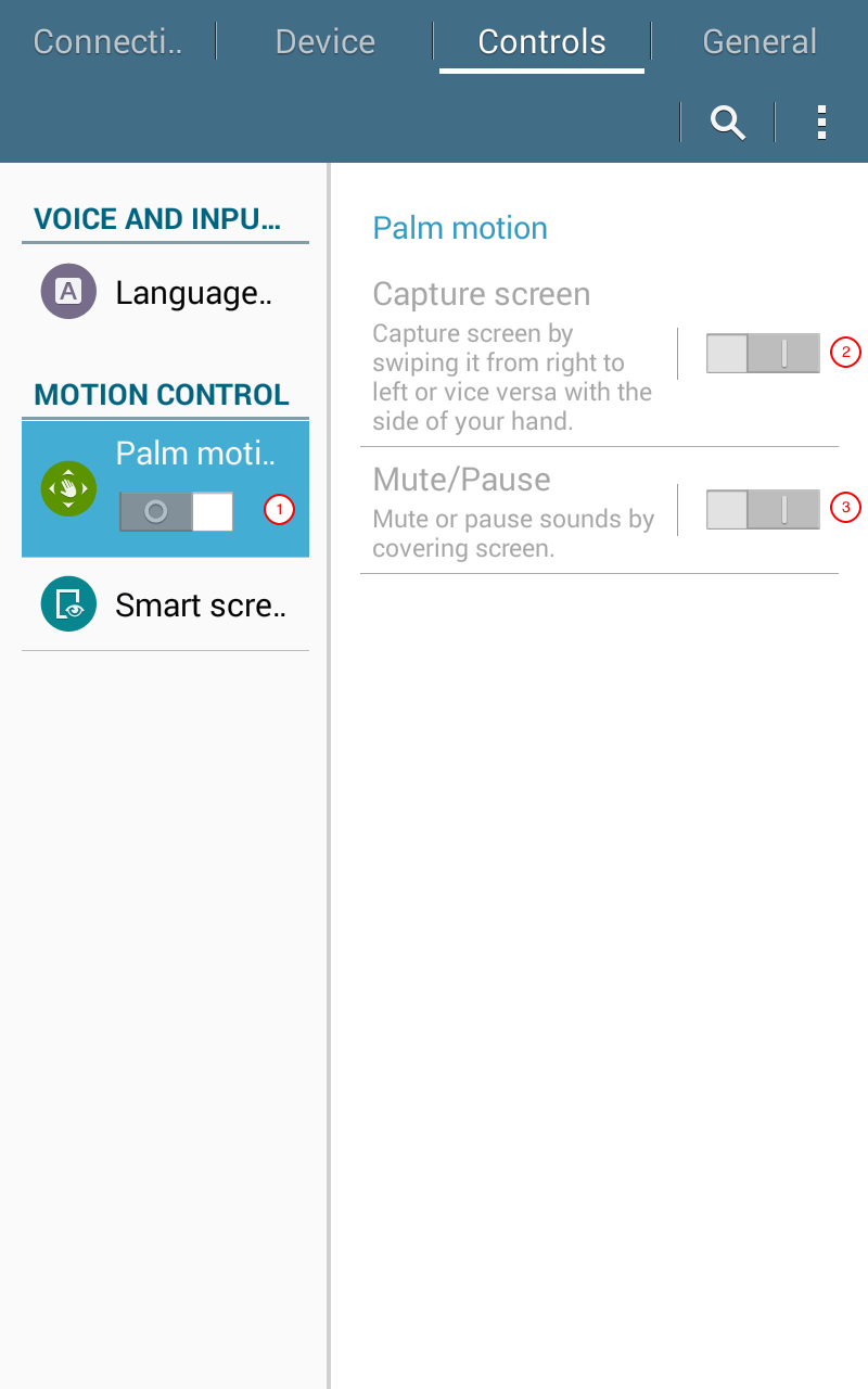 The palm motion settings menu