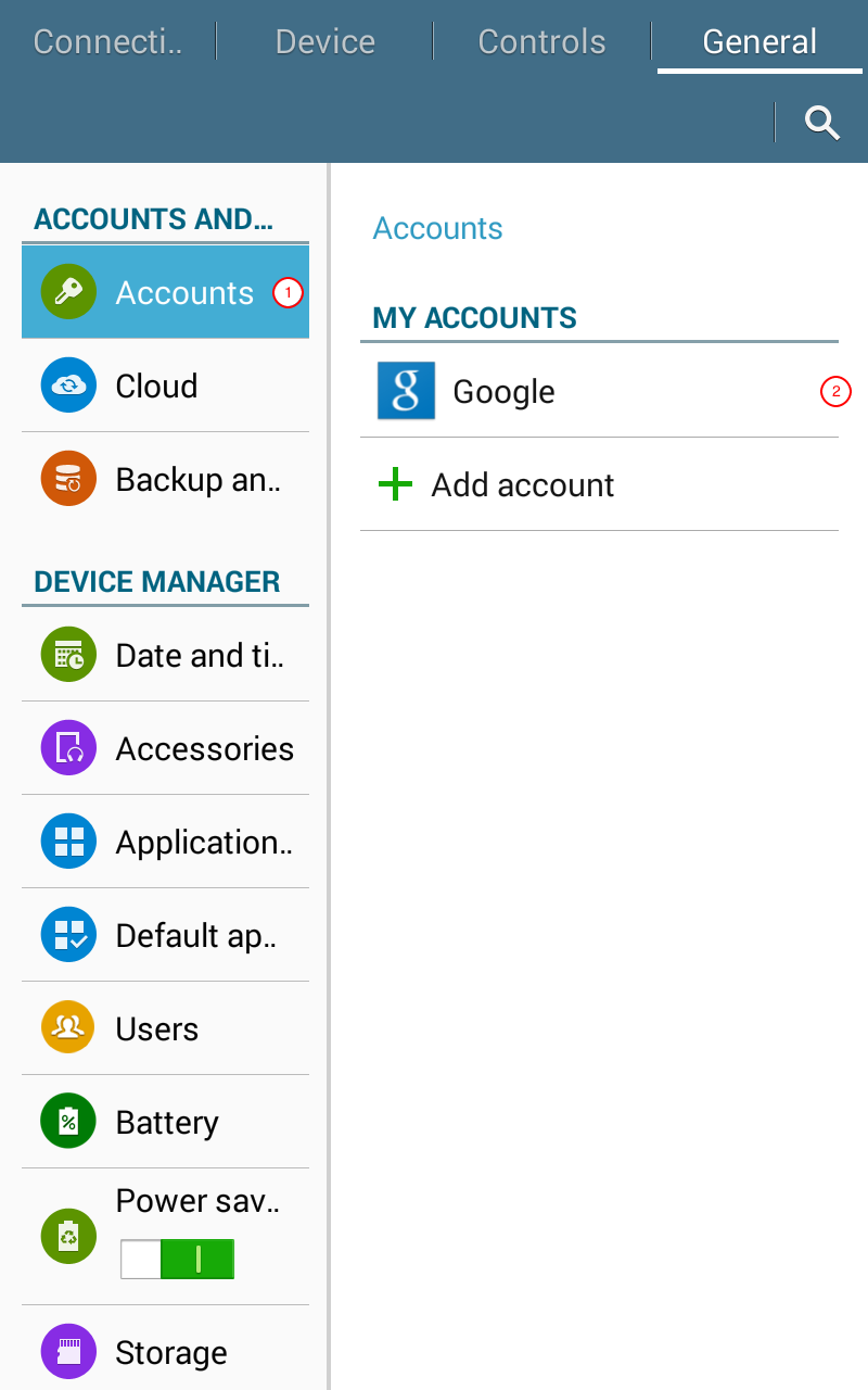 The accounts settings menu