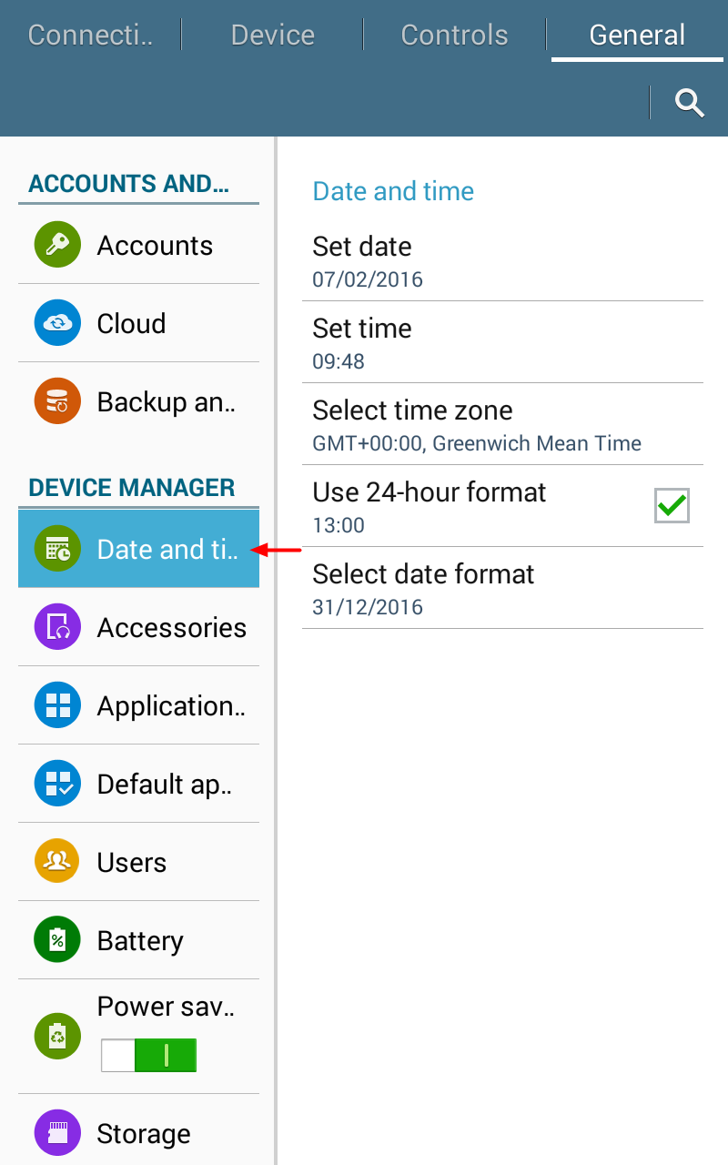 The date and time settings menu