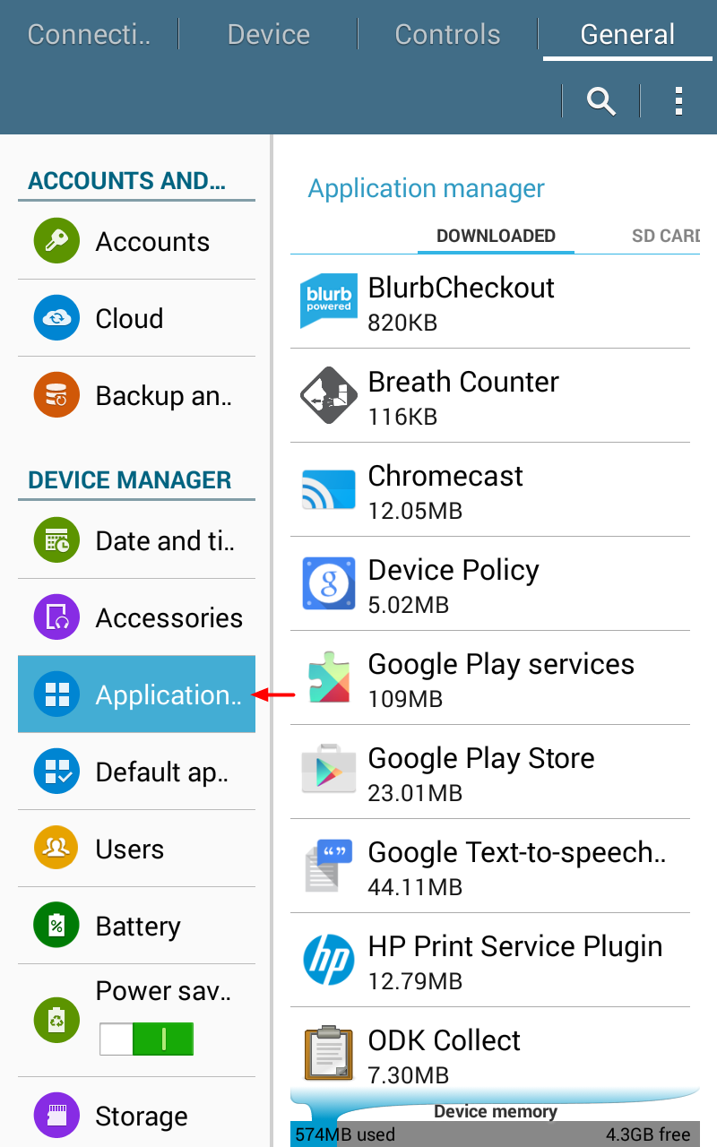 The application manager settings menu