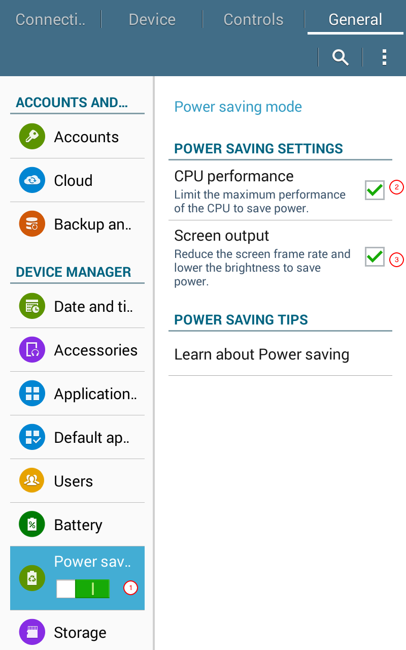 The power saving mode settings menu